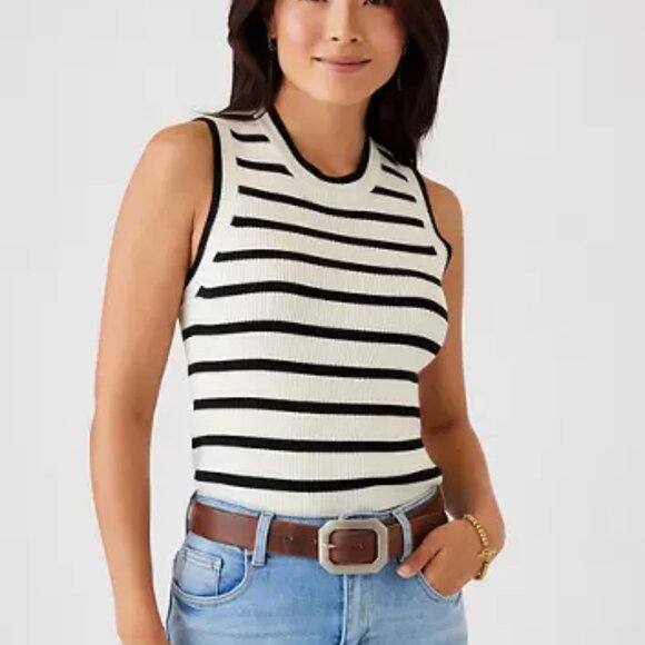 Like new Karen Kane Cream & Black Striped Ribbed Sleeveless Sweater Size Small - Picture 3 of 14